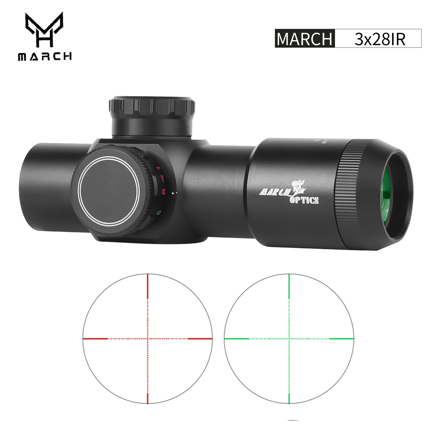 March-HT3x28IR-Optic-Short-Guns-Riflescope-Sight-Airgun-Rifle-Scope-for-Hunting-Sniper-Airsoft-Red-Dot MARCH 3X28IR Compact Tactical Scope - 3X Magnification with Red Green Crosshair - Image 1